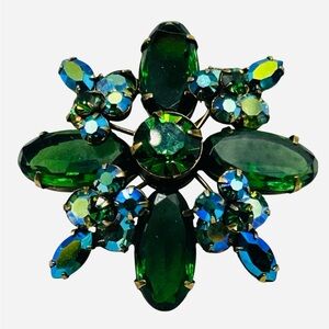 Signed Regency Vintage Tourmaline Green AB Rhinestone Layered Brooch